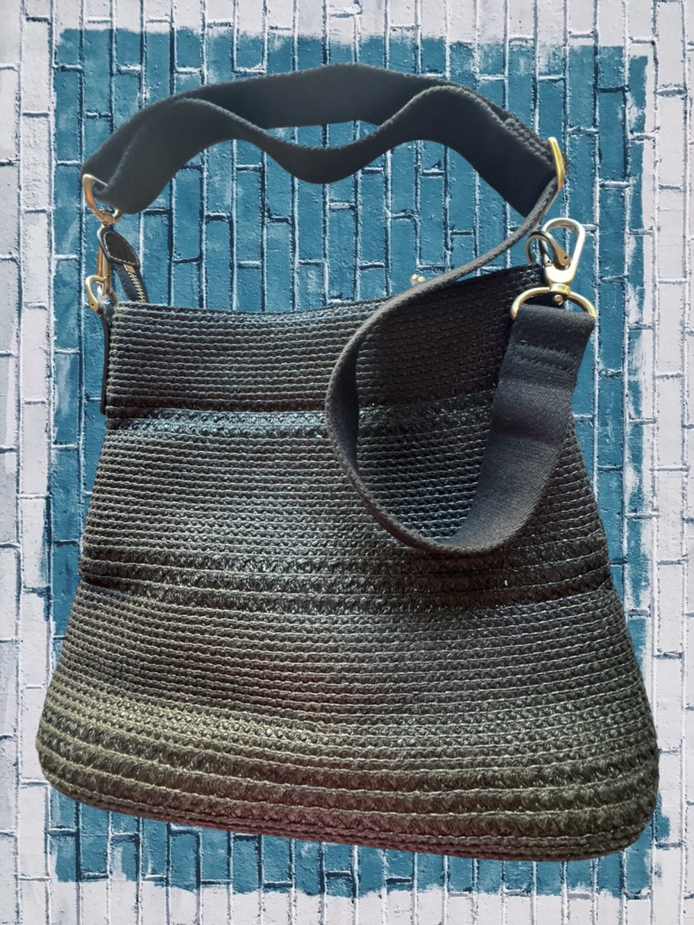Eric Javits Black Woven Straw Tote with Gold Logo Plate and Shoulder Strap - Picture 2 of 7